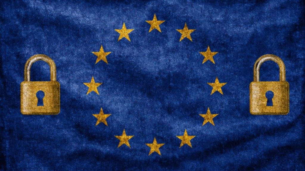 European Union flag with twelve gold stars in a circle on a textured blue background and two large gold padlocks positioned left and right of the stars, suggesting security.