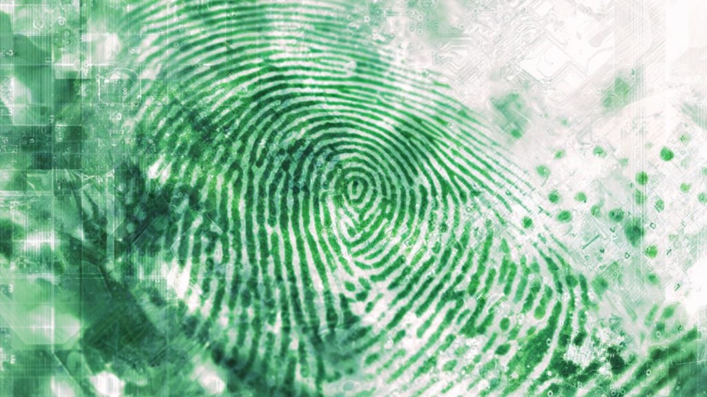 Close-up green fingerprint overlaid on faint circuit-board and digital textures, evoking biometric identification and technology.