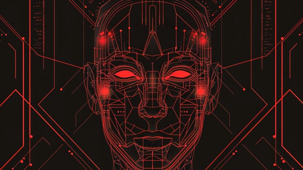 Red geometric and circuit-like lines forming a stylized human face with glowing eyes on a black background