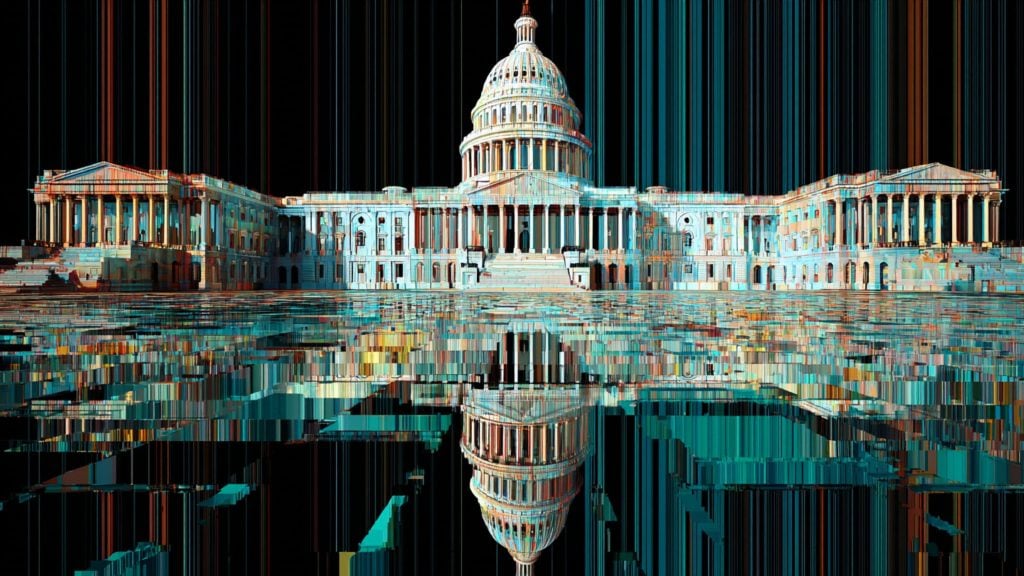 Digital art of the United States Capitol building with distorted vertical streaks and glitch-like reflections in the water below against a black background.
