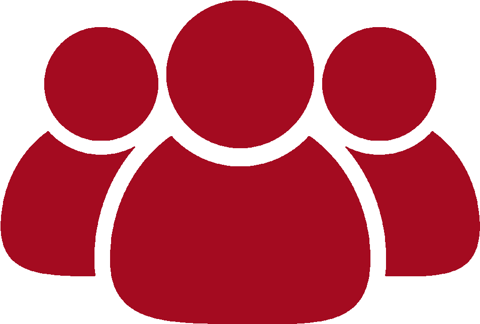 Three red stylized user silhouettes with a larger central figure in front and two smaller figures partially behind on either side