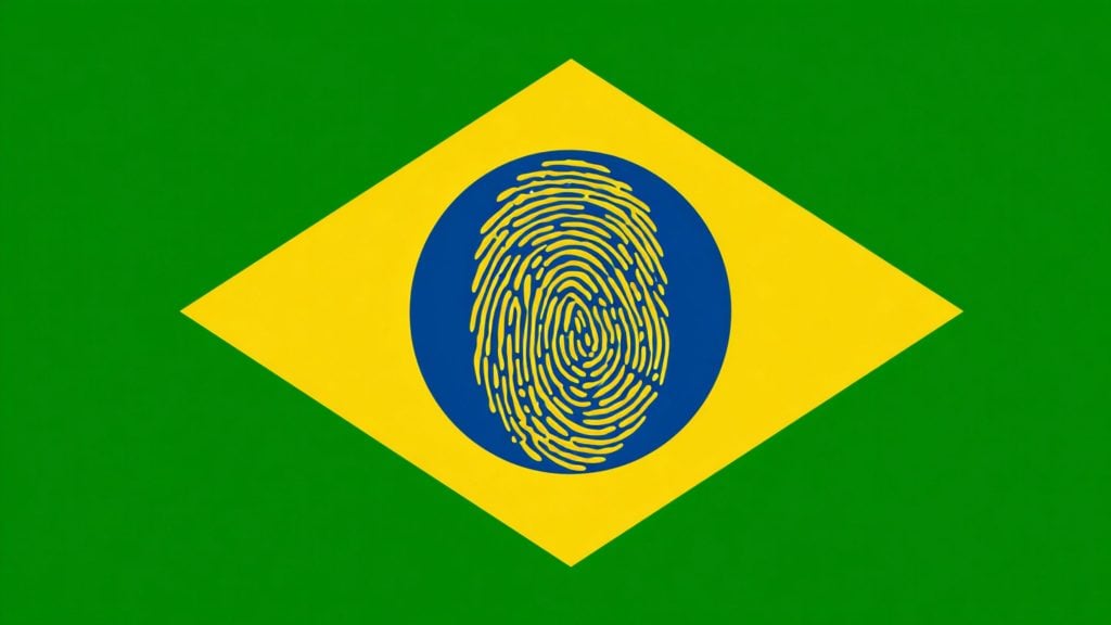 Green field with a large yellow diamond and a blue circle at center containing a yellow fingerprint design, resembling the Brazilian flag.