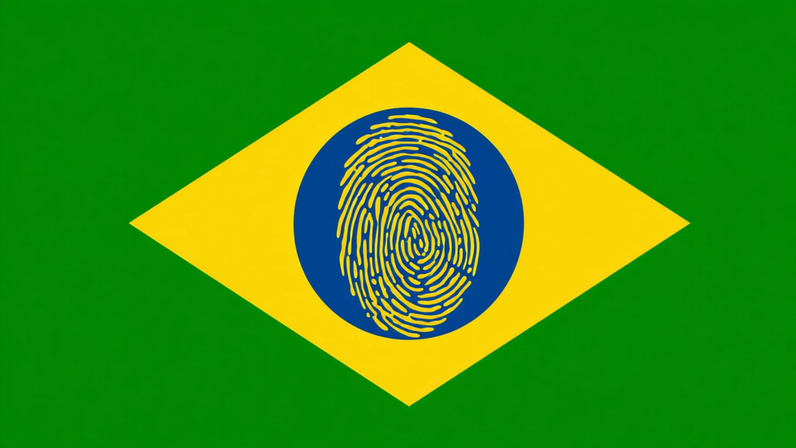Green field with a large yellow diamond and a blue circle at center containing a yellow fingerprint design, resembling the Brazilian flag.
