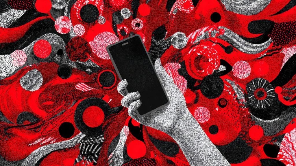 A grayscale hand holding a black smartphone against a dynamic abstract background of red, black, white, and gray flowing shapes and various sized circles.