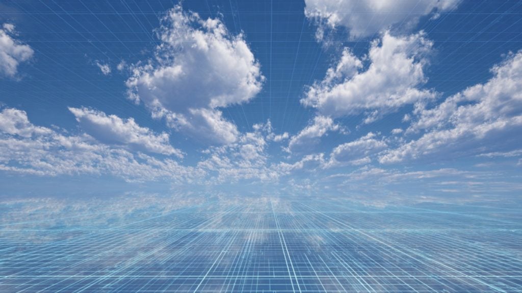 Expansive blue sky filled with scattered white clouds reflected on a glowing, translucent digital grid plane that stretches to the horizon, creating a futuristic perspective.