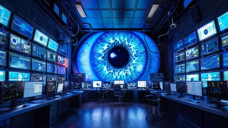 Futuristic surveillance control room with dozens of blue-lit monitors and workstations arranged around a massive glowing blue iris mural dominating the back wall, with visible cables, swivel chairs, and server racks.