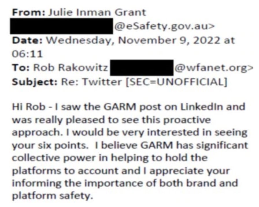 Screenshot of an email header with sender and recipient redacted, dated Wednesday, November 9, 2022 at 06:11, subject 'Re: Twitter [SEC=UNOFFICIAL]', and a message saying the writer saw a GARM post on LinkedIn, was pleased by the proactive approach, would like to see the recipient's six points, and praised GARM's collective power to hold platforms to account and the importance of brand and platform safety.