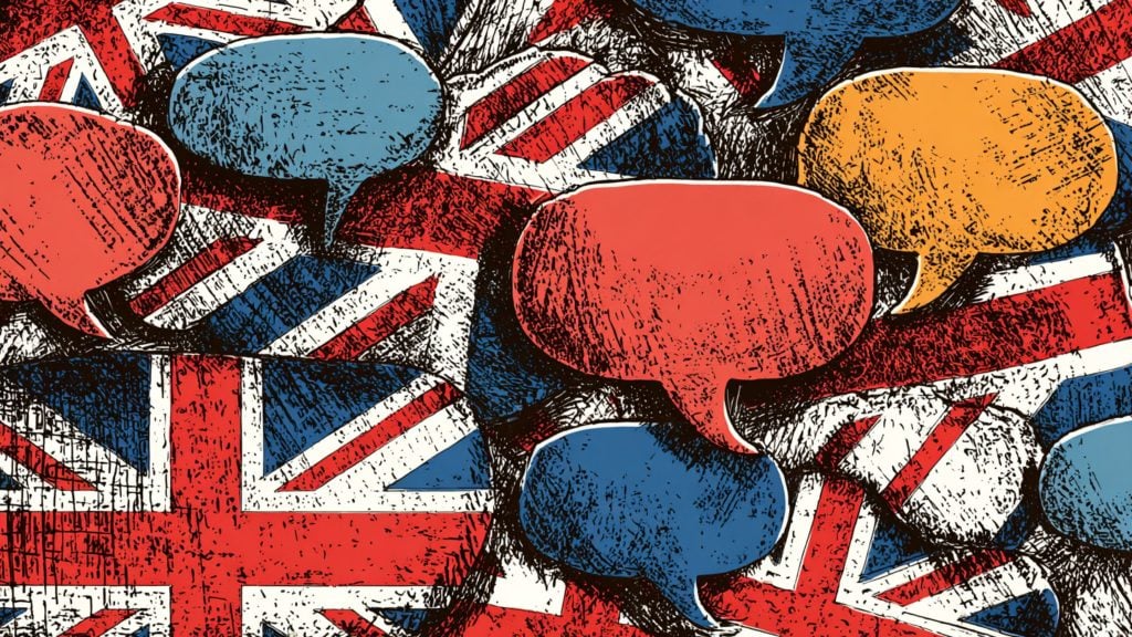Overlapping sketch-style Union Jack flags as a background with textured speech bubbles in red, light blue, dark blue and yellow layered across, evoking British conversation.