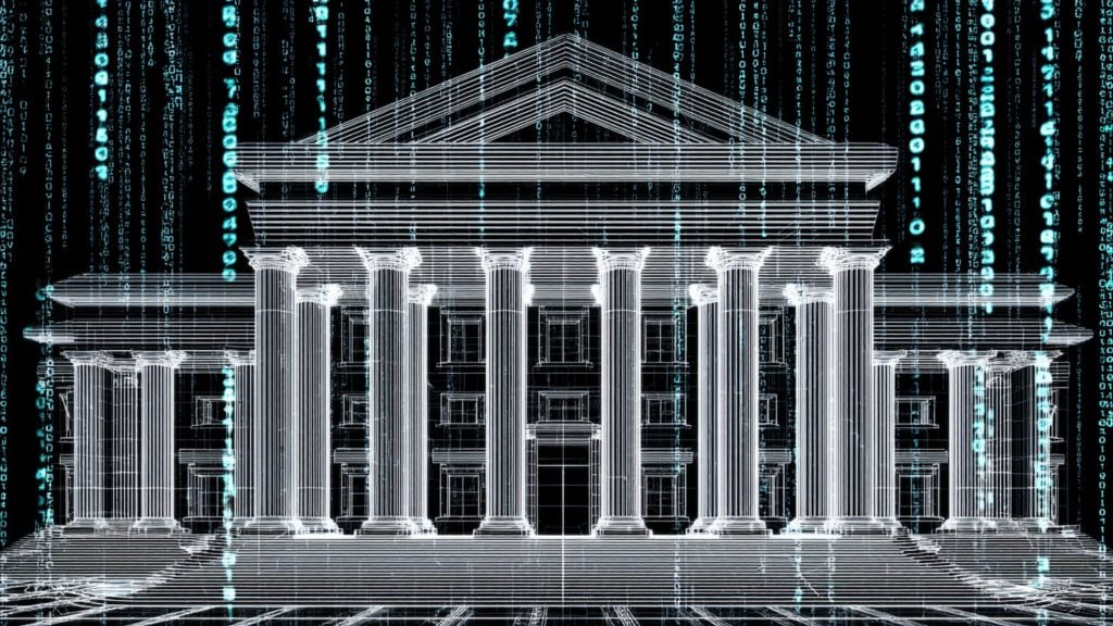 Wireframe digital illustration of a classical building with columns and a triangular pediment, overlaid with vertical streams of blue binary code on a black background.