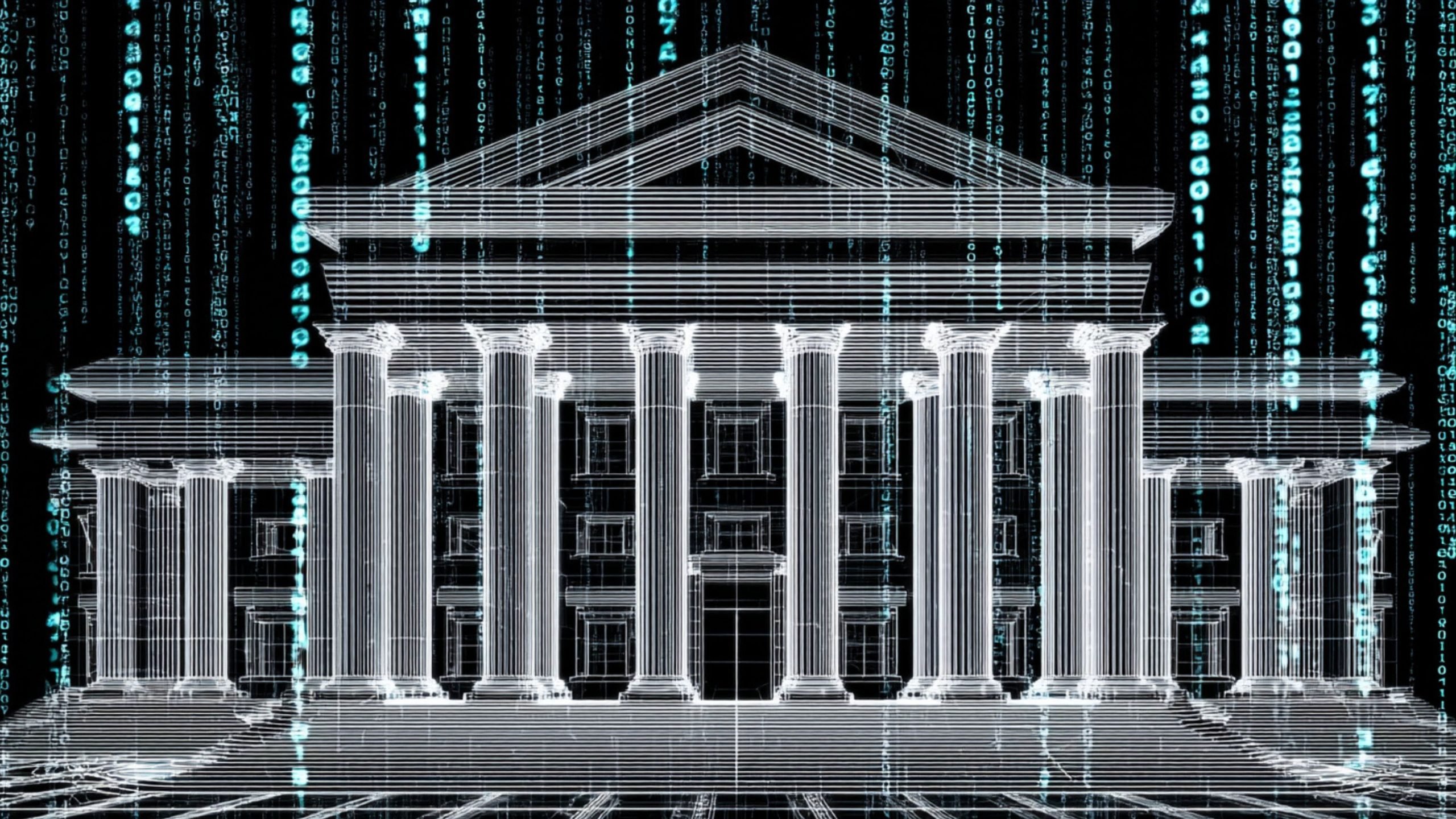 Wireframe digital illustration of a classical building with columns and a triangular pediment, overlaid with vertical streams of blue binary code on a black background.