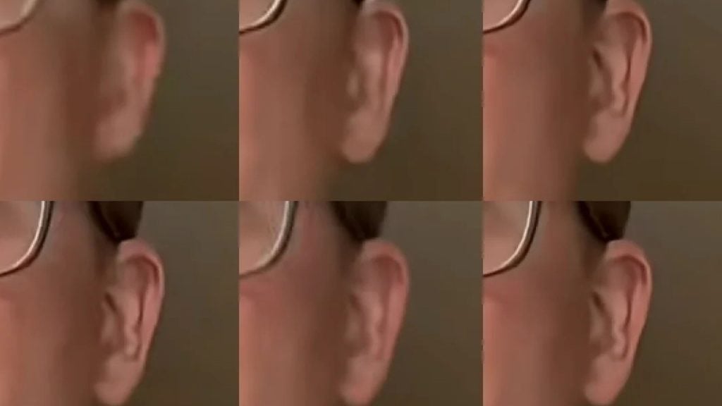 Three-by-two collage of close-up cropped shots showing a person's right ear and the temple of eyeglasses against a neutral brown background.