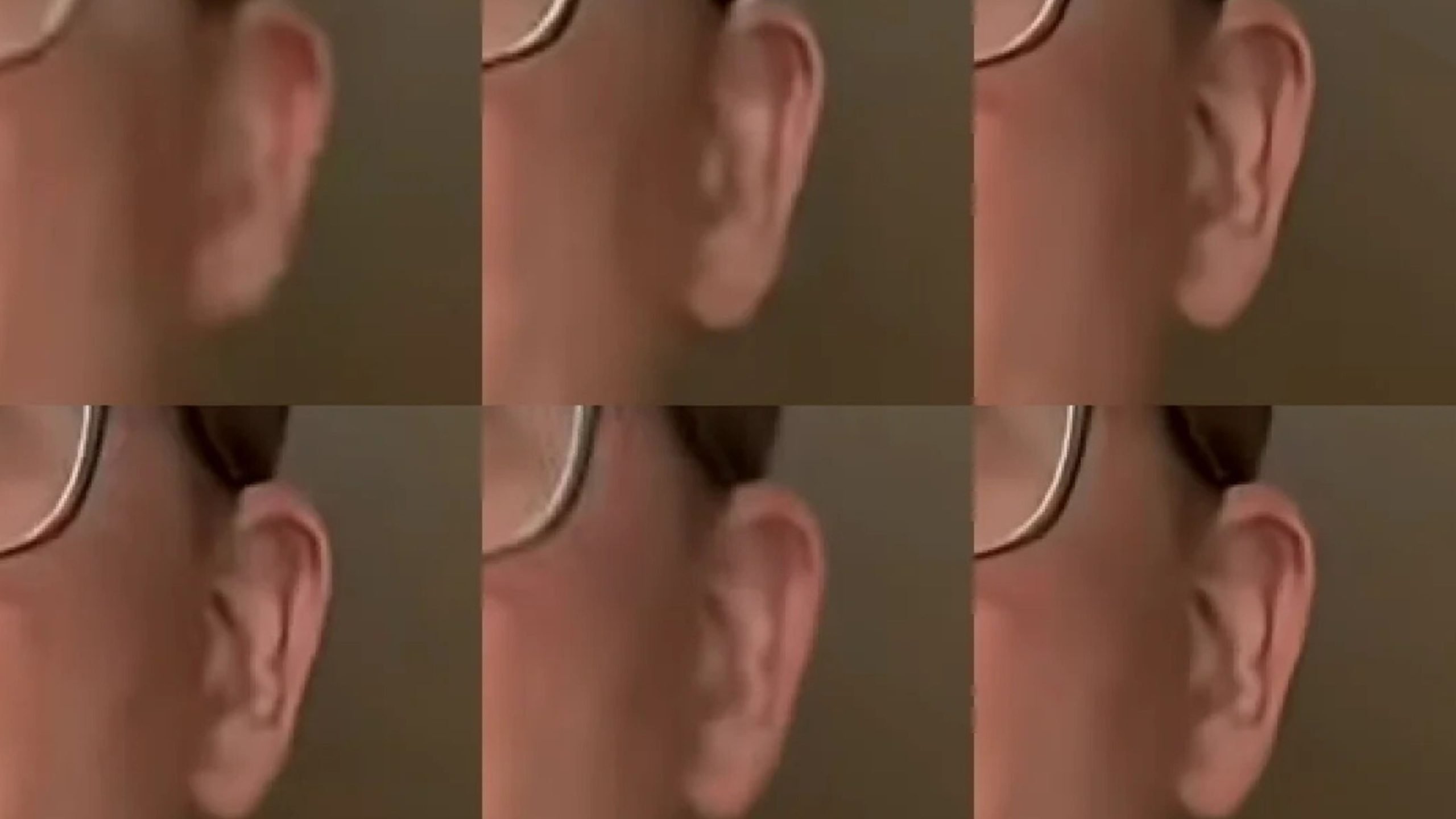 Three-by-two collage of close-up cropped shots showing a person's right ear and the temple of eyeglasses against a neutral brown background.