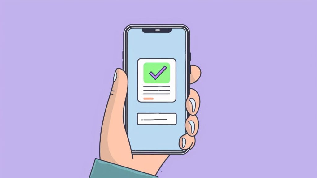 Illustration of a hand with light-blue painted nails and a teal sleeve holding a smartphone against a lavender background, the phone screen showing a green box with a purple checkmark above simplified text lines and a rectangular button.