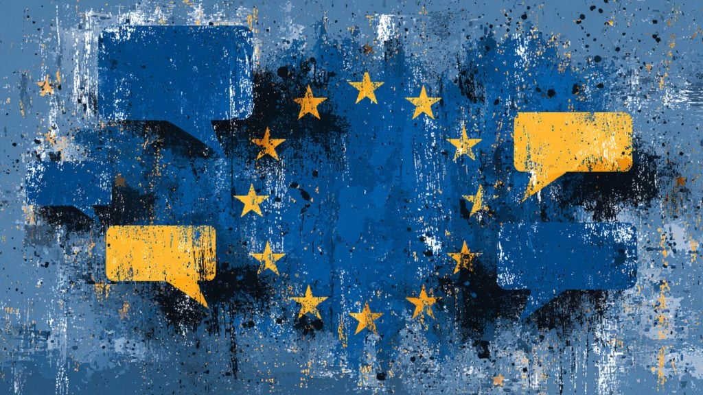 Grungy, textured European Union flag in blue with a circle of twelve yellow stars, overlaid by scattered blue and yellow speech-bubble shapes and paint-splatter marks suggesting public debate.