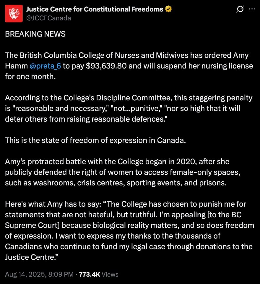 Twitter screenshot from the Justice Centre for Constitutional Freedoms reporting that the British Columbia College of Nurses and Midwives ordered Amy Hamm (@preta_6) to pay $93,639.80 and suspend her nursing license for one month, quoting the College’s Discipline Committee and including Amy’s statement about appealing to the BC Supreme Court and thanking donors (Aug 14, 2025).