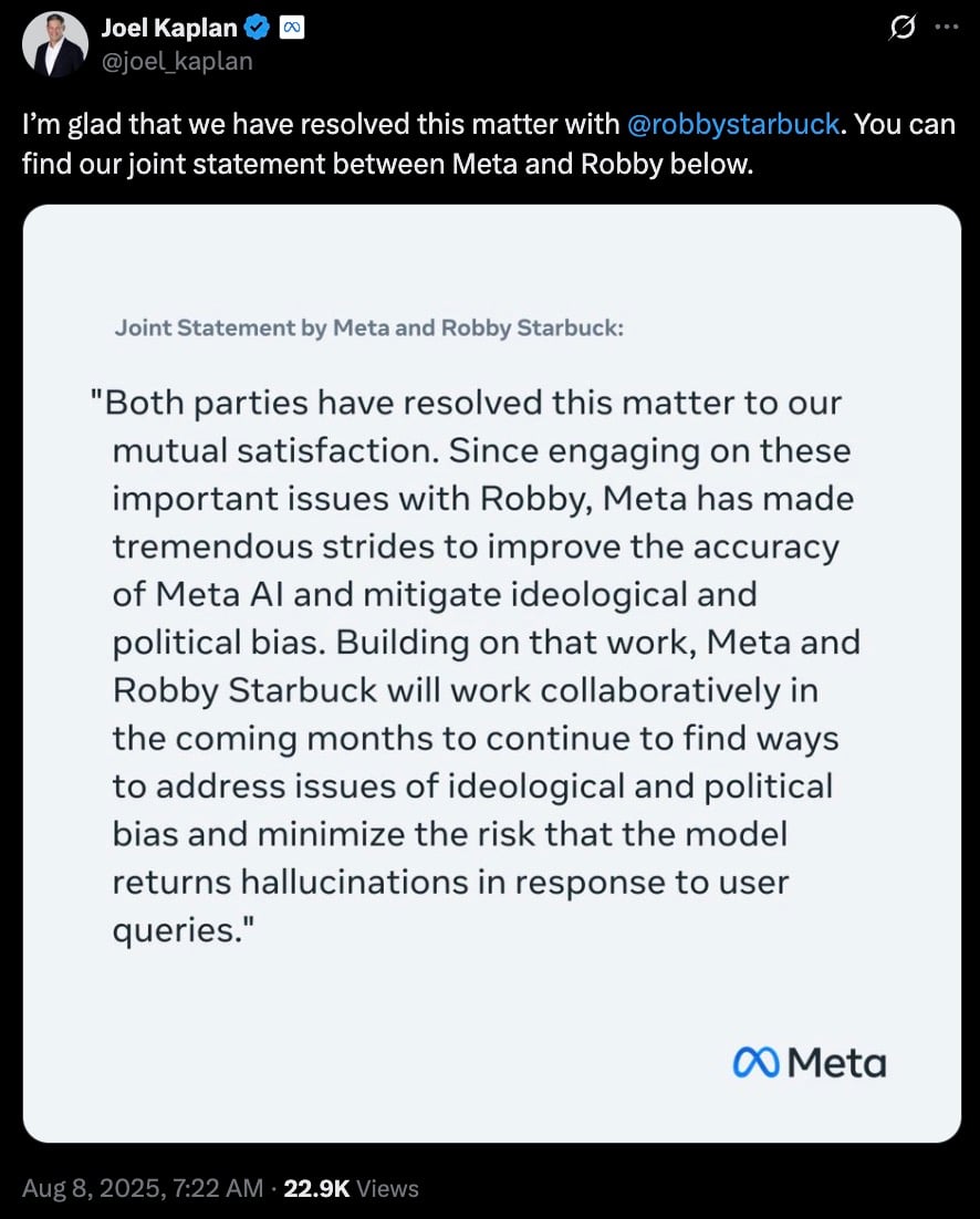 Screenshot of a verified social media post showing a Meta-branded graphic titled “Joint Statement by Meta and an individual” stating both parties have resolved the matter to mutual satisfaction and will collaborate in coming months to improve Meta AI accuracy, mitigate ideological and political bias, and minimize the risk of the model returning hallucinations; Meta logo visible at bottom right.
