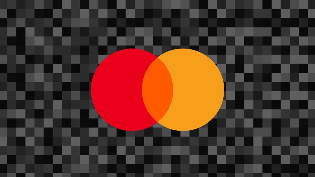 The Mastercard logo featuring two intersecting circles, one red on the left and one orange on the right, on a background of dark gray and black pixelated squares.