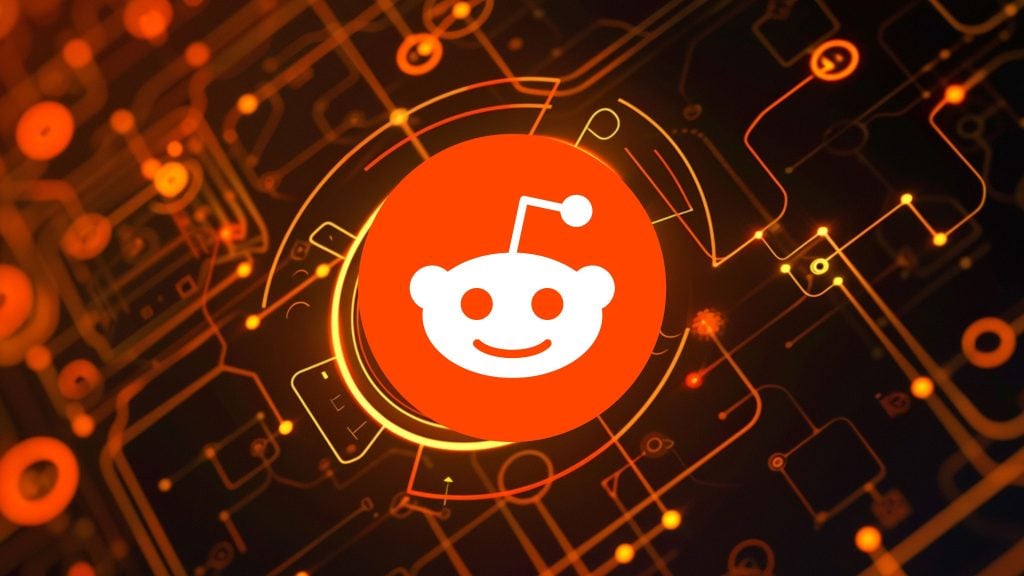 White Reddit alien (Snoo) icon centered on a bright orange circle against a dark, glowing circuit-board-style background with orange lines and nodes.