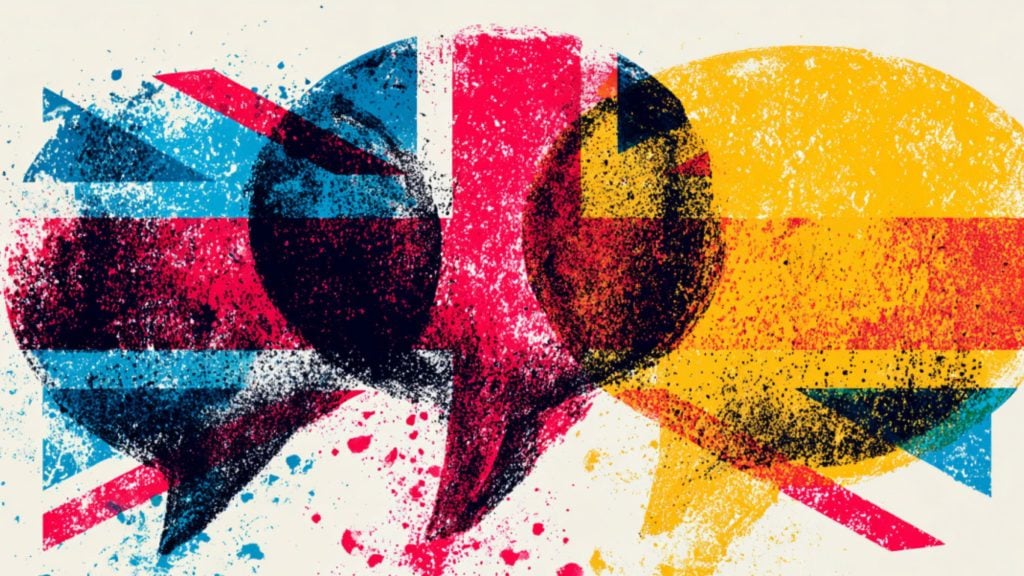 Two overlapping speech bubbles with textured, paint-splattered patterns, one featuring the Union Jack and the other resembling the German flag, on a light background.