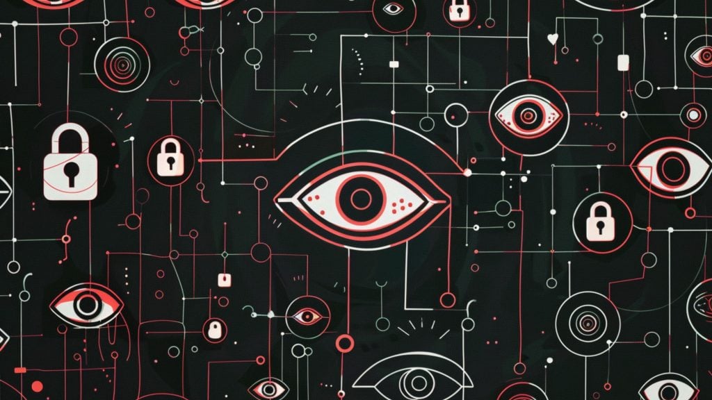 Abstract dark graphic of interconnected red and white circuit lines populated with multiple eye symbols and padlock icons, suggesting network surveillance and cybersecurity.