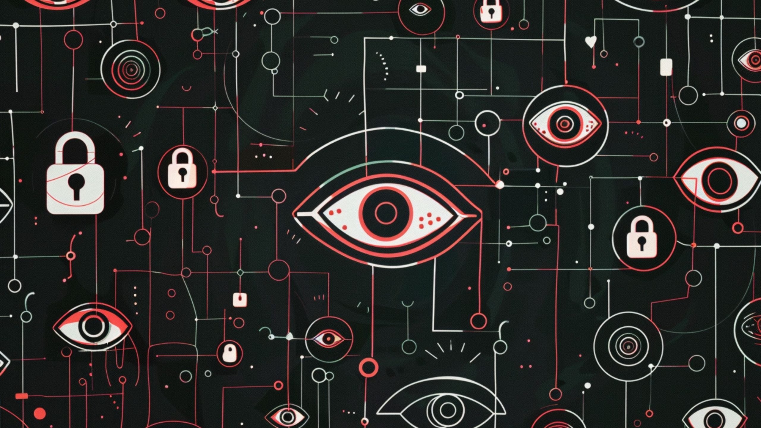 Abstract dark graphic of interconnected red and white circuit lines populated with multiple eye symbols and padlock icons, suggesting network surveillance and cybersecurity.