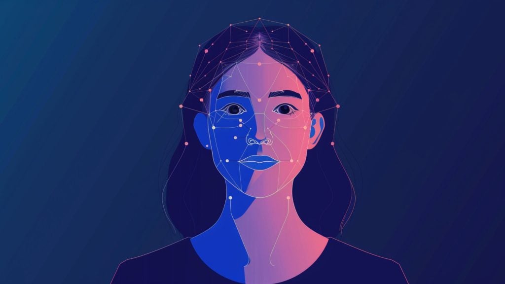 Stylized frontal portrait of a woman's face split into blue and pink gradient halves against a dark blue background, overlaid with geometric nodes and connecting lines indicating facial landmarks and neural-network style connections.