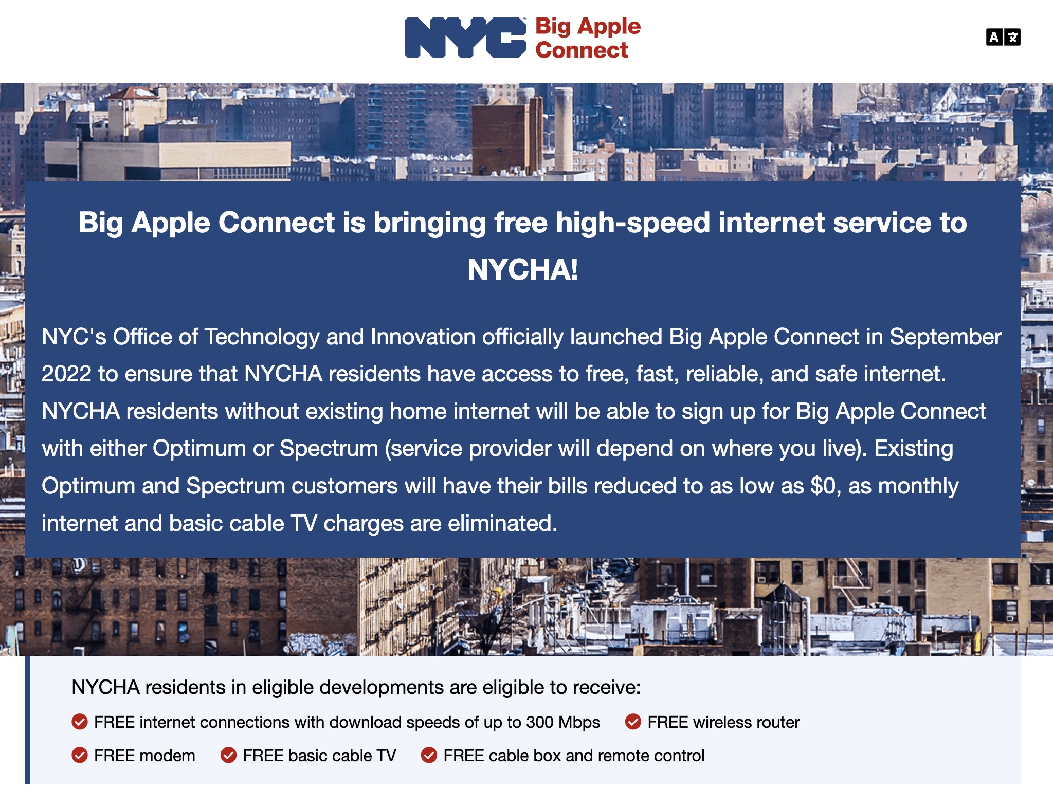 NYC Big Apple Connect banner over a New York City skyline announcing free high‑speed internet for NYCHA residents, noting a September 2022 launch with Optimum or Spectrum and benefits like free internet (up to 300 Mbps), modem, wireless router, and basic cable TV.