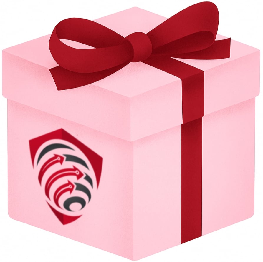 Pink square gift box tied with a dark red ribbon and bow, featuring a red-and-black Reclaim The Net shield emblem on the front.