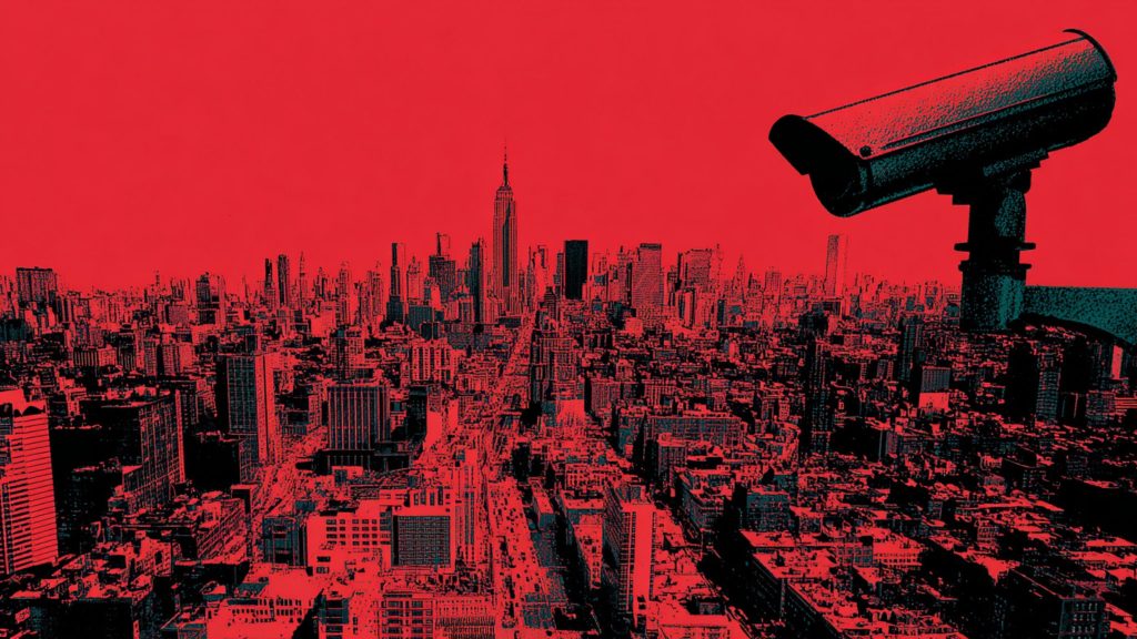High-contrast red-and-black graphic of a dense city skyline centered on the Empire State Building, with a large surveillance camera in the upper-right corner overlooking the streets below.