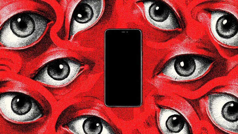 A black-screen smartphone centered on a red, stippled background crowded with multiple large black-and-white eyes and curving red shapes.