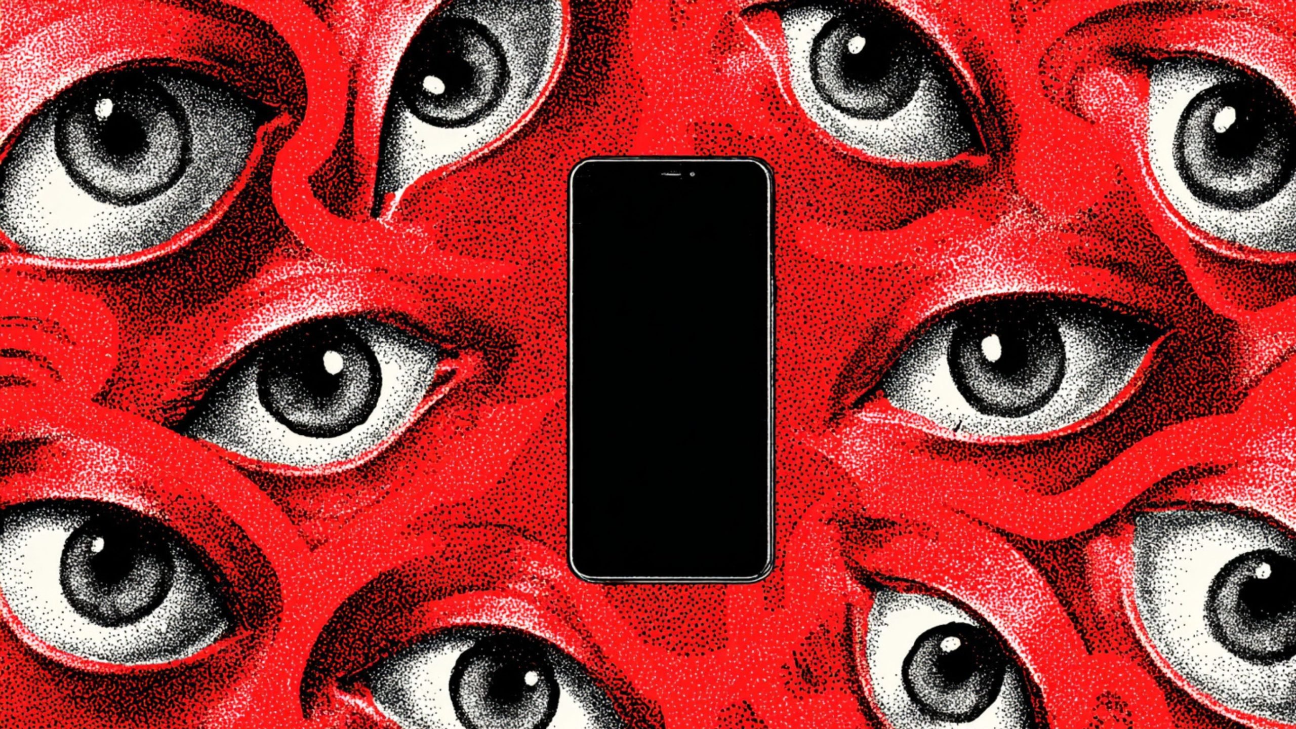 A black-screen smartphone centered on a red, stippled background crowded with multiple large black-and-white eyes and curving red shapes.