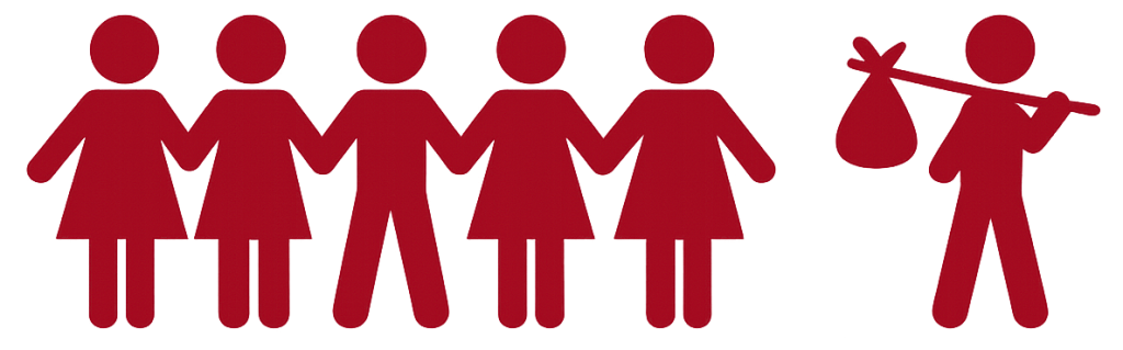 Five red silhouette figures holding hands—four wearing skirts with one in pants at the center—and a separate solitary red figure on the right carrying a bindle over its shoulder, walking away.