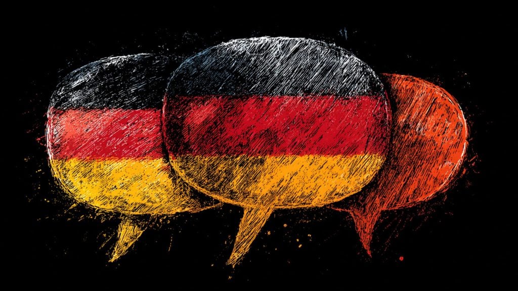 Three overlapping sketch-style speech bubbles with rough brushstrokes and splatter on a black background, the central and left bubbles painted with the horizontal black-red-gold stripes of the German flag and a third orange-red bubble partially visible behind them.