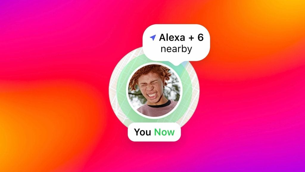 Mobile app interface showing a user located on a map with a circular profile picture of a person with closed eyes and red hair, labeled 'You Now', and a notification pointing to nearby people named 'Alexa + 6 nearby' on a colorful pink, red, orange, and yellow gradient background.