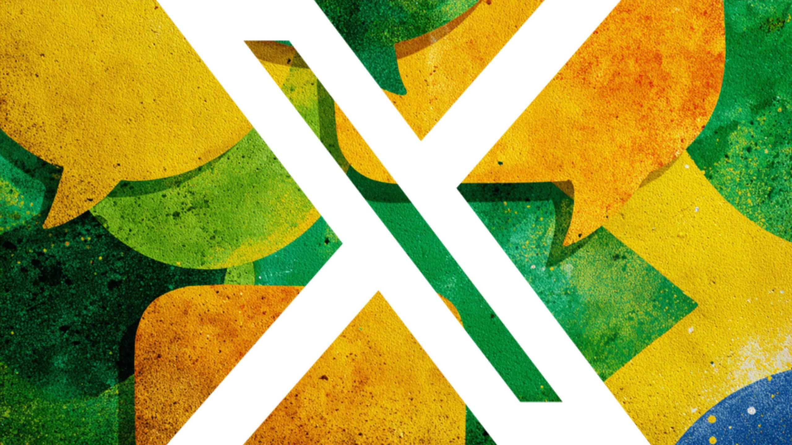 A bold white X-shaped cutout overlays overlapping textured green and yellow speech bubbles and rounded squares on a paint-splattered background.
