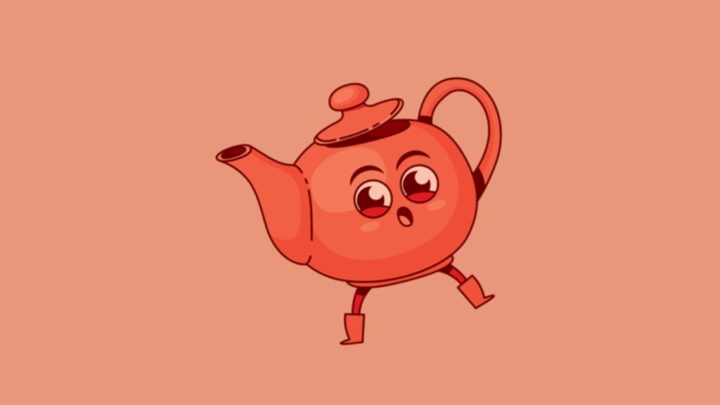 A red cartoon teapot with a slightly tilted lid, large shiny eyes, an open surprised mouth, and tiny legs wearing boots walking against a solid pale coral background.