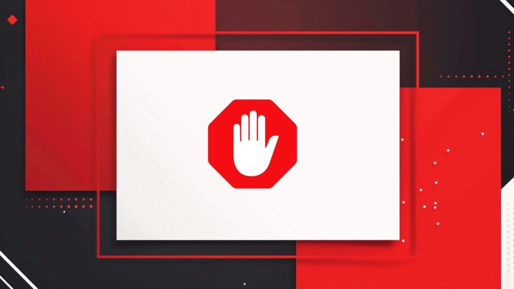 Red octagonal stop sign with a white raised-hand symbol centered on a white rectangular card over layered red and black geometric background.