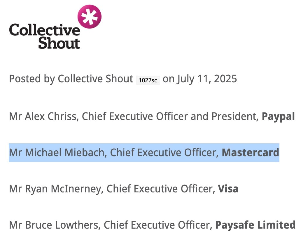 Text from Collective Shout posted on July 11, 2025, listing Chief Executive Officers including Mr Michael Miebach of Mastercard highlighted in blue