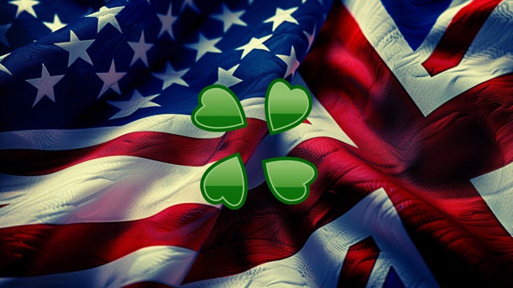 Four glossy green heart shapes arranged like a four‑leaf clover overlaid on wavy, textured flags blending the American stars-and-stripes on the left with the British Union Jack on the right.
