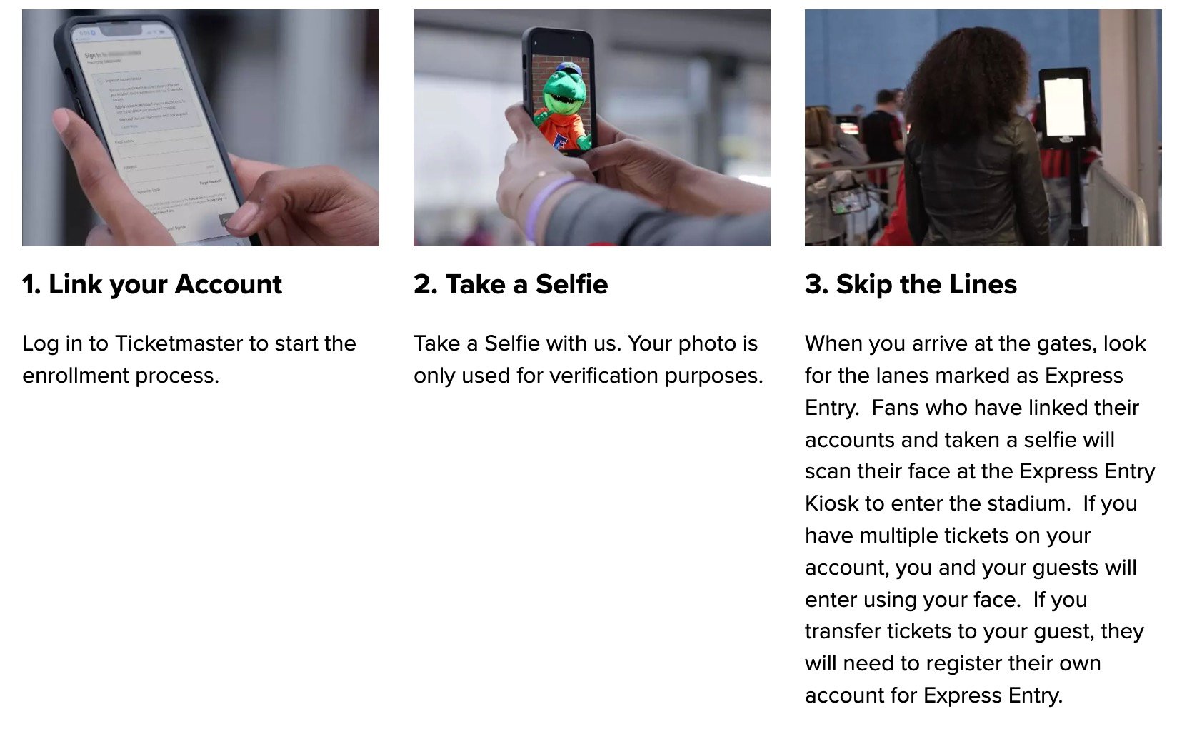 Three-panel instructional graphic: left shows a close-up of hands holding a phone on a login screen under the heading “1. Link your Account,” center shows hands holding a phone taking a selfie of a green mascot under “2. Take a Selfie,” and right shows a person seen from behind scanning at an express-entry kiosk under “3. Skip the Lines” with accompanying explanatory text about account linking and facial verification.