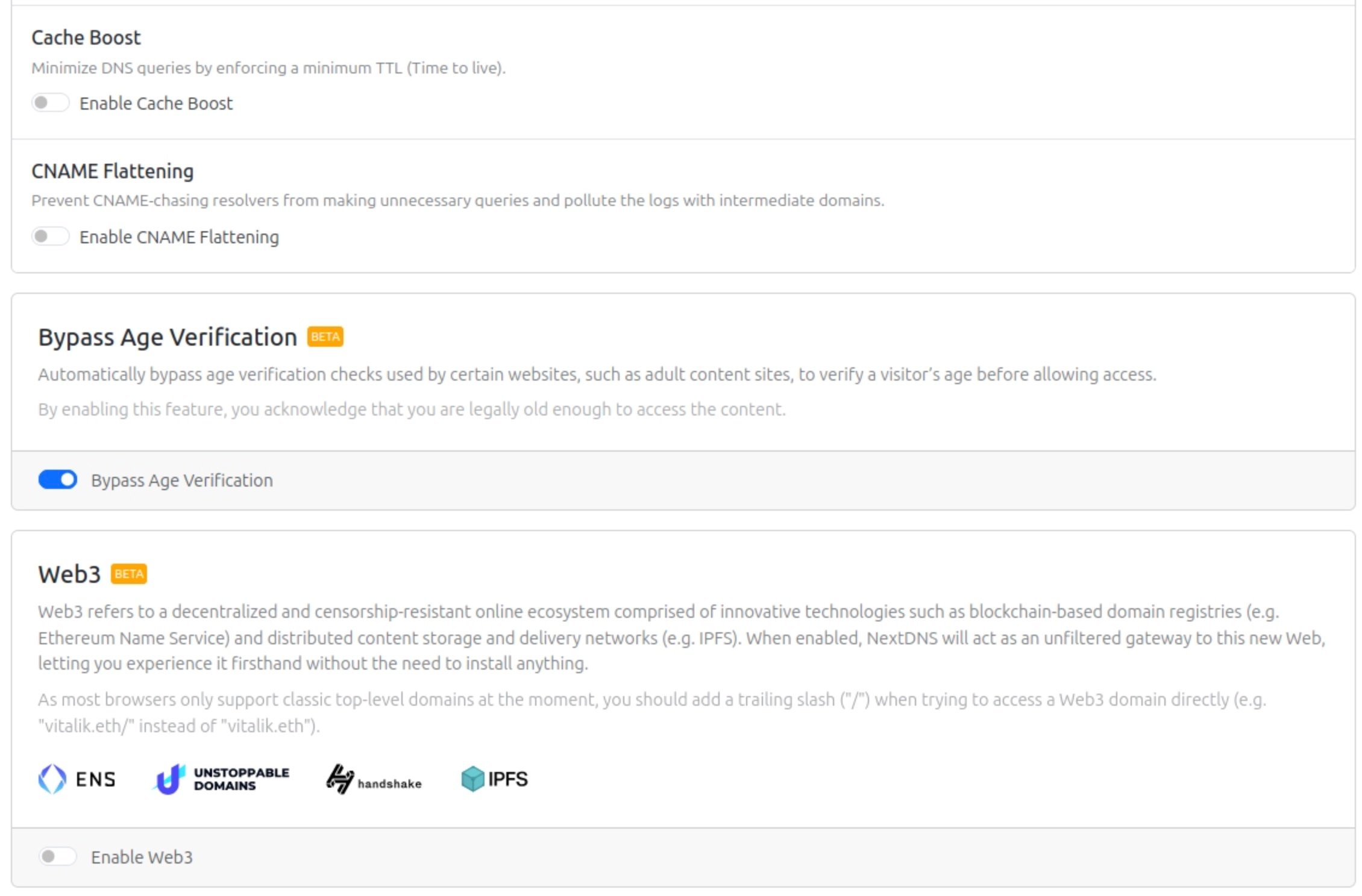 Settings panel with feature cards: 'Cache Boost' and 'CNAME Flattening' toggles shown off, a highlighted 'Bypass Age Verification (BETA)' section with explanatory text and a blue toggle switched on, and a 'Web3 (BETA)' section with explanatory text, logos for ENS, Unstoppable Domains, Handshake and IPFS, and its toggle off.