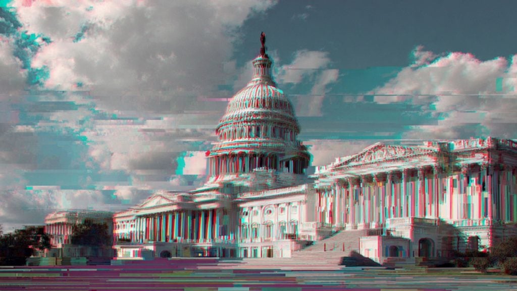 United States Capitol building with its dome, steps, and columned facade under a cloudy sky, shown with RGB color separation and horizontal digital glitching artifacts.