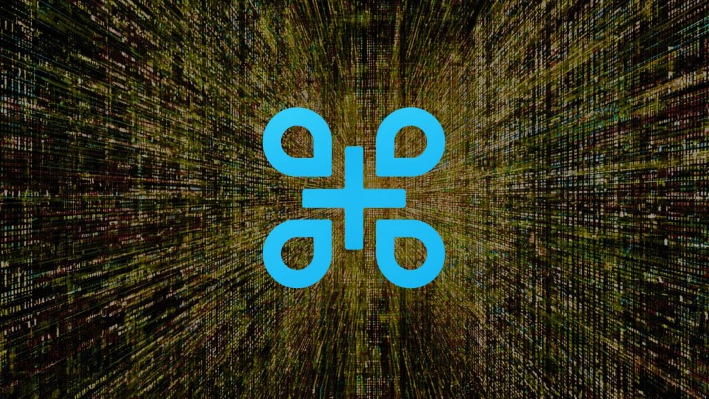Bright cyan abstract four-loop symbol with a central plus sign centered over a radiating field of multicolored, matrix-like pixel lines converging toward the middle