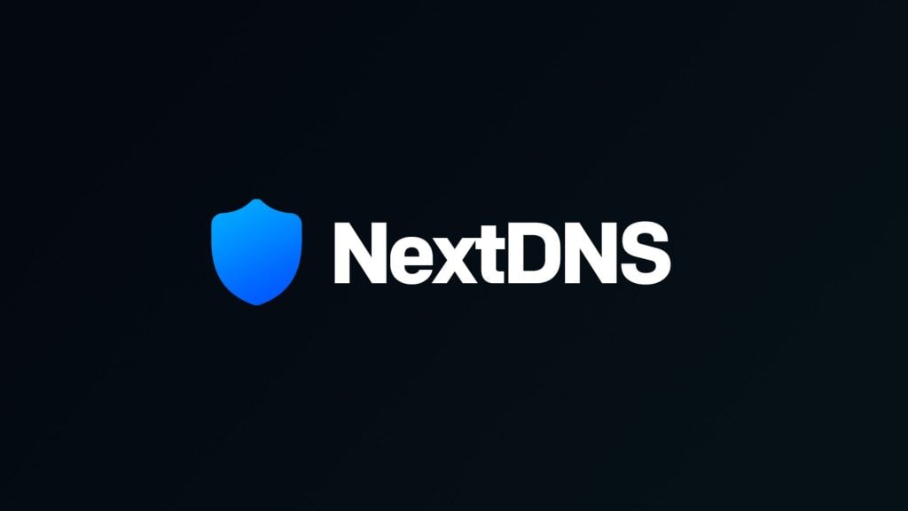 Blue gradient shield icon to the left of bold white text reading NextDNS on a dark background.