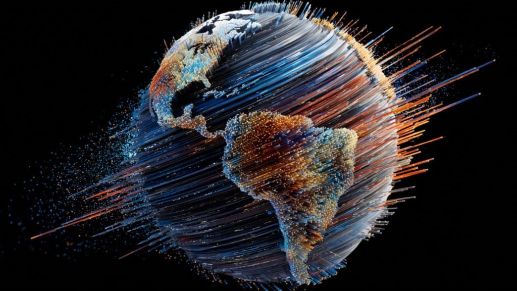 Stylized Earth showing North and South America formed from thousands of blue and orange streaks and glowing particles radiating outward against a black background.