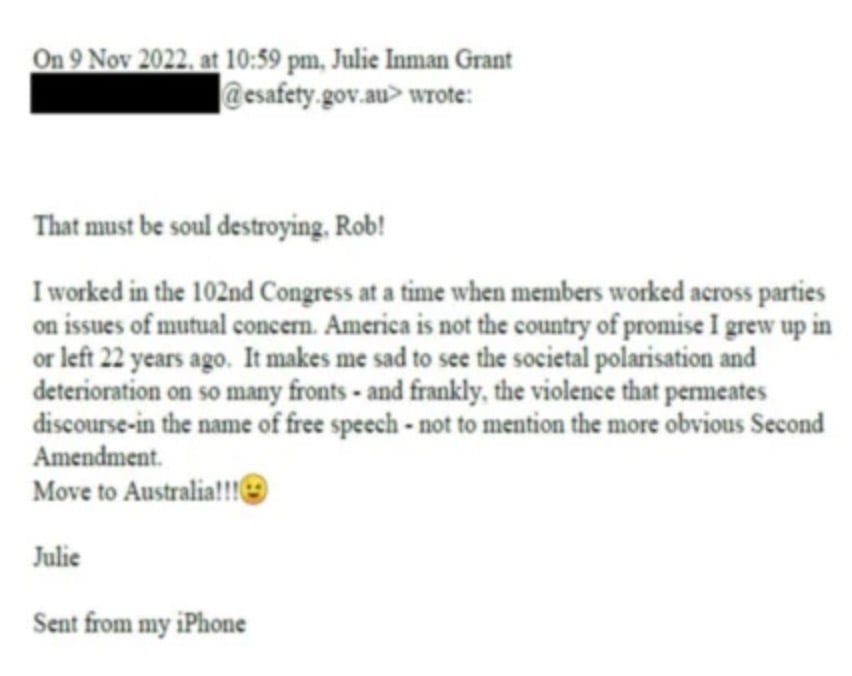 Screenshot of an email dated 9 Nov 2022 in which the sender laments U.S. societal polarization and violence, notes having worked in the 102nd Congress, references the Second Amendment, urges “Move to Australia!!!” with a smiling emoji, and signs off “Sent from my iPhone.”