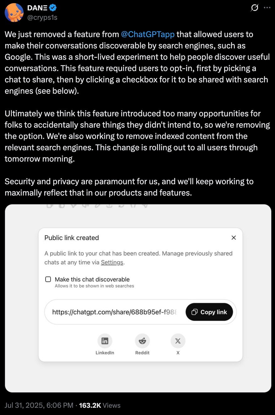 Tweet from user DANE explaining the removal of a feature from ChatGPT app that allowed conversations to be discoverable by search engines, citing privacy concerns and accidental sharing; includes screenshot of a public link creation dialog with an unchecked option to make the chat discoverable and a URL with sharing options for LinkedIn, Reddit, and X.