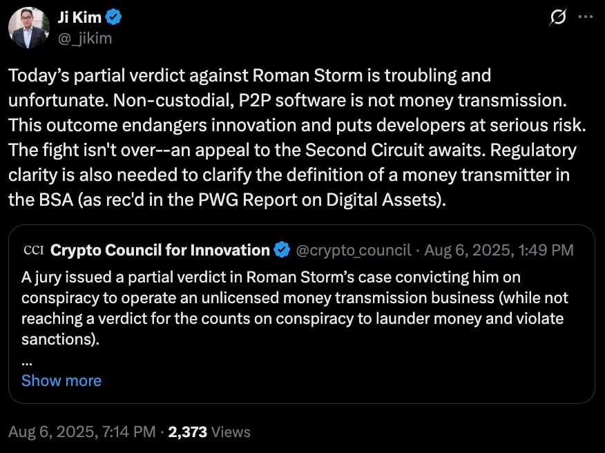 Screenshot of a tweet by Ji Kim commenting on a partial verdict against Roman Storm, expressing concern about the implications for non-custodial P2P software and calling for regulatory clarity. The tweet includes a quoted tweet from Crypto Council for Innovation summarizing the partial verdict in Roman Storm's case related to an unlicensed money transmission business charge.