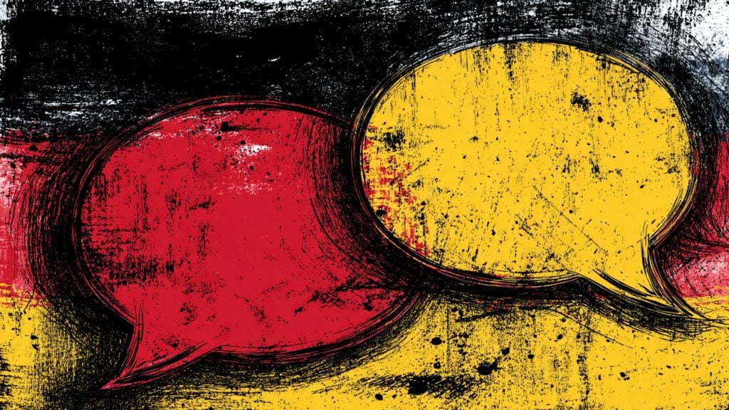 Two large distressed speech bubbles — a red one on the left and a yellow one on the right — overlapping on a scratched black, red and yellow textured background.