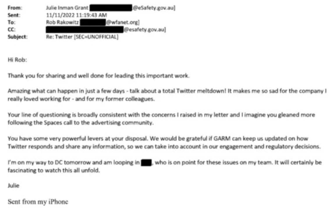 Screenshot of an email with header fields showing redacted sender and recipient addresses and subject line referencing Twitter, followed by a short message thanking the recipient, mentioning a "total Twitter meltdown," referencing a Spaces call and GARM, noting the sender is traveling to DC, and ending with "Sent from my iPhone".